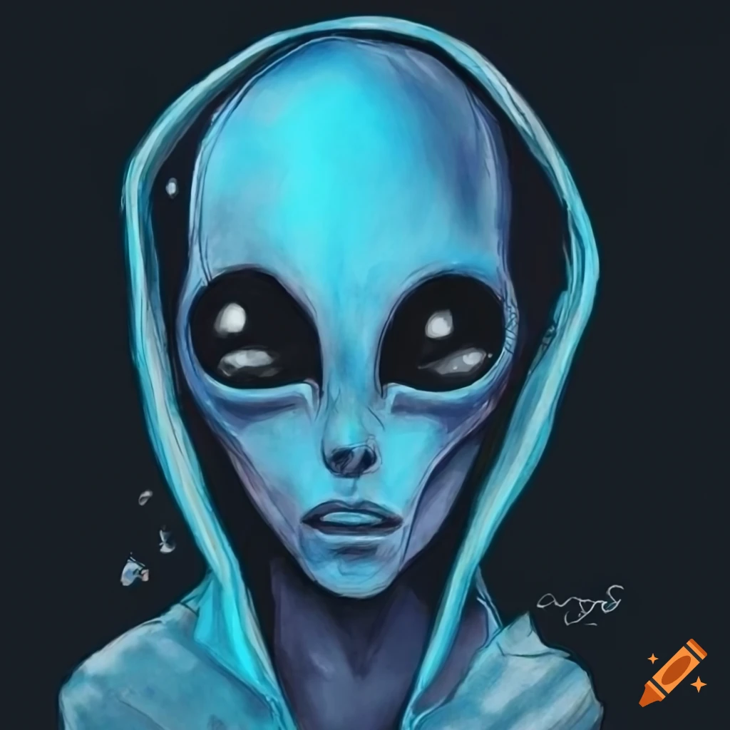 Drawing of an alien wearing a blue cap and headphones on Craiyon
