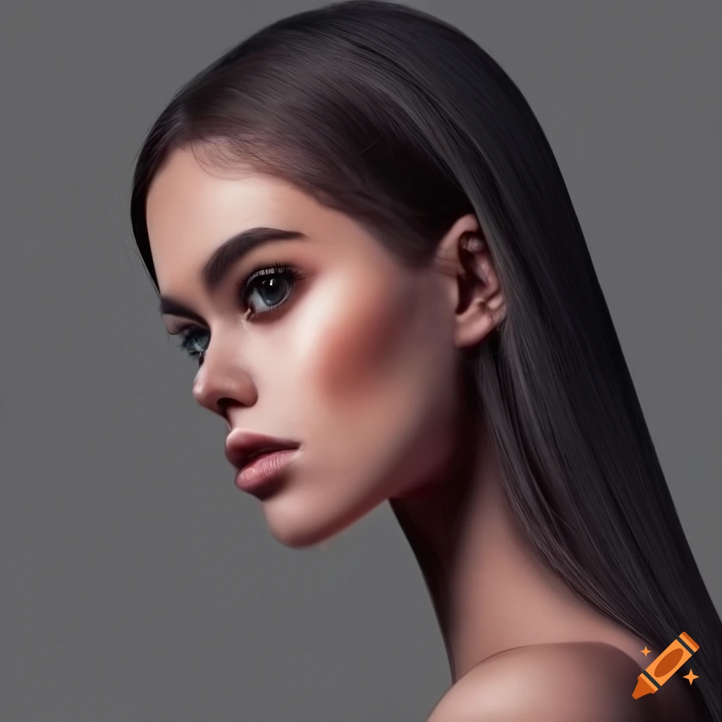 Portrait of a beautiful woman with dark brown hair and brown eyes on ...