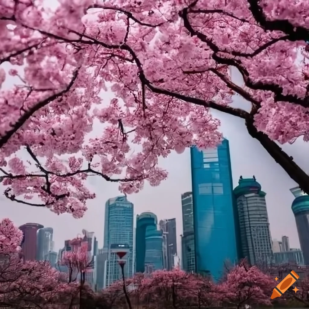 cherry blossom in full bloom with cityscape in background