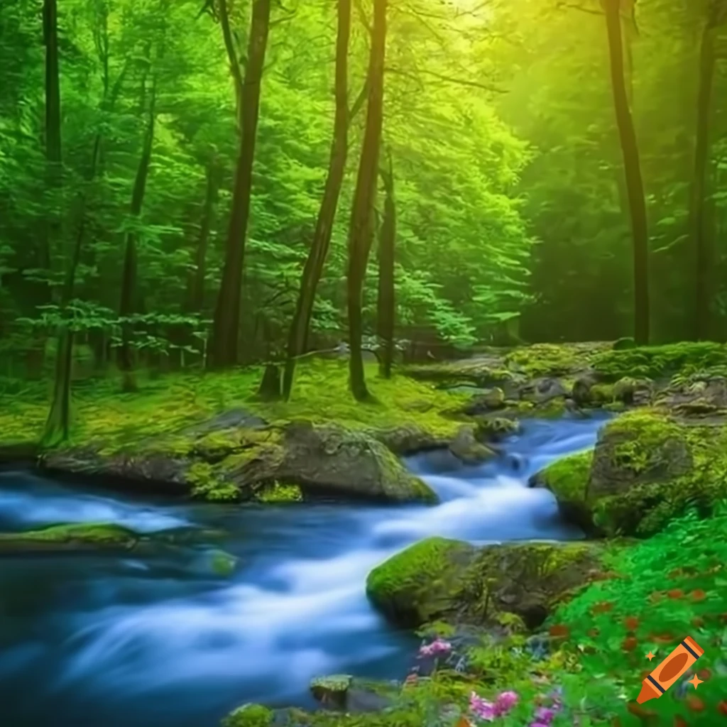 Summer forest with river and flowers