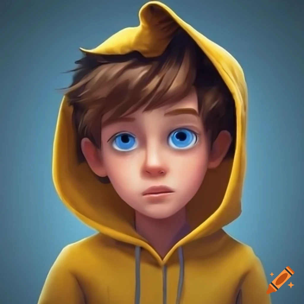 Character design of a boy in yellow hoodie on Craiyon