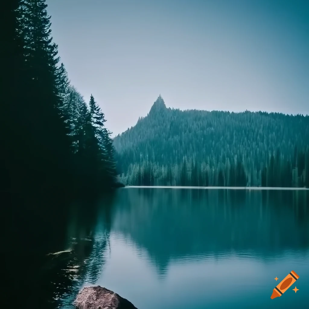 Mountainous forest by a lake landscape on Craiyon