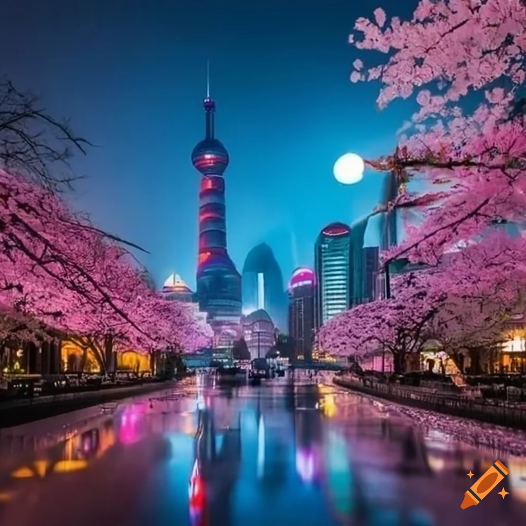 Cityscape of shanghai with blooming cherry blossoms on Craiyon