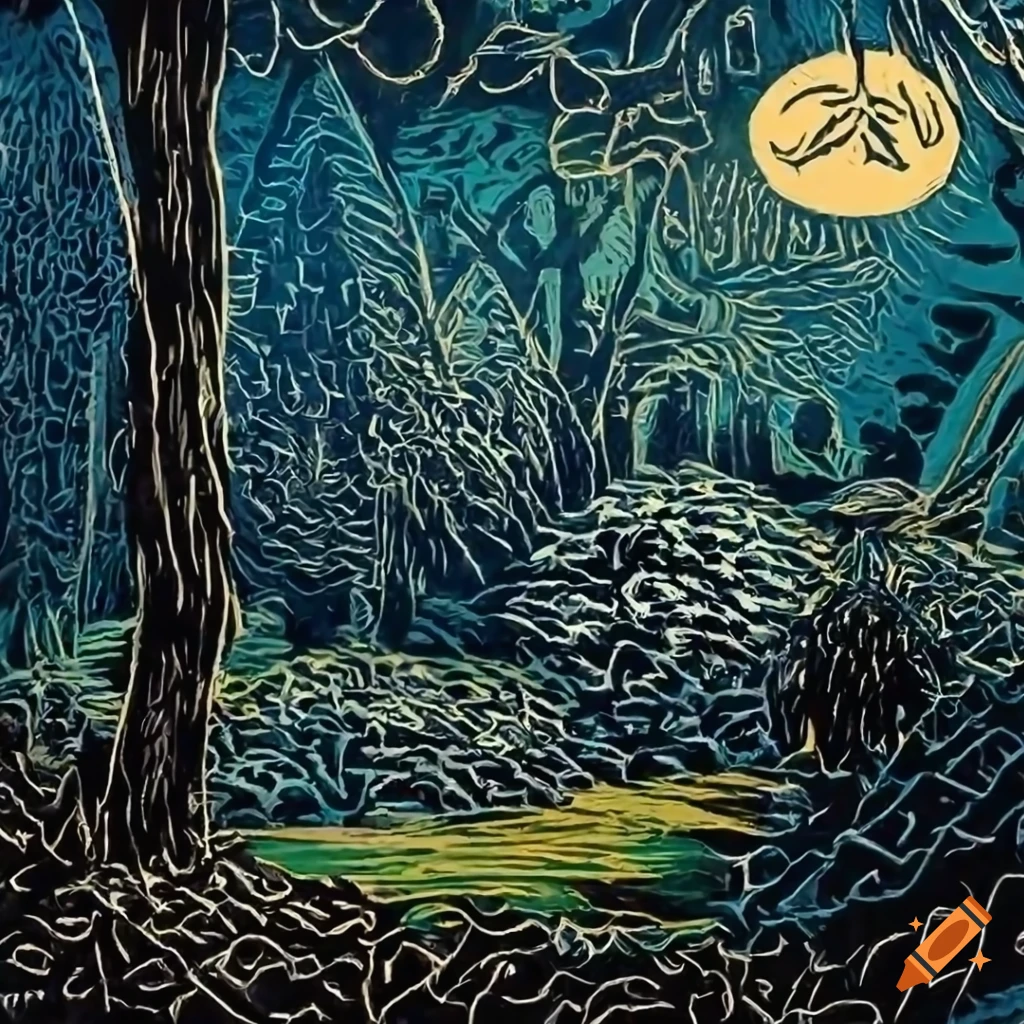 Linocut illustration of a garden world at sunrise