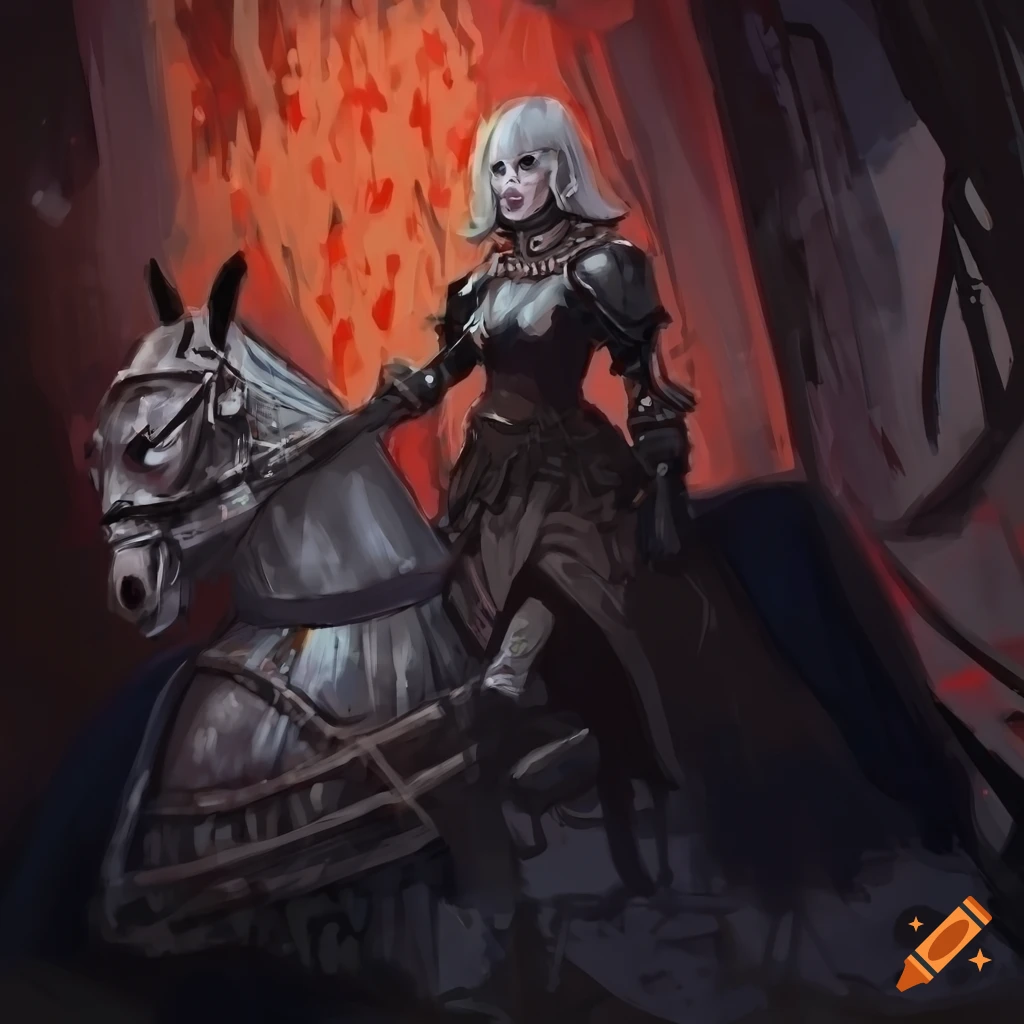 Digital painting of a fierce female knight on horseback
