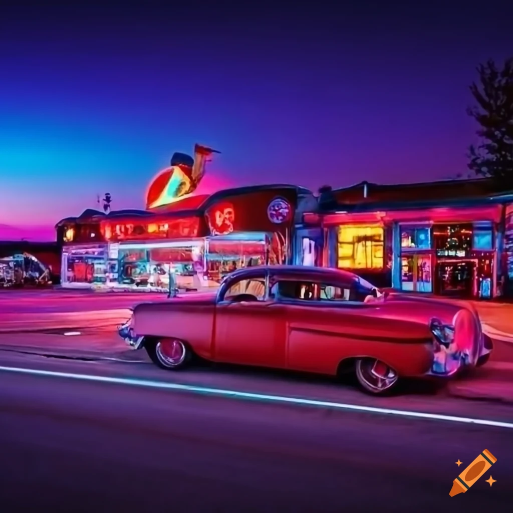 brightly lit American Diner with colorful vintage cars