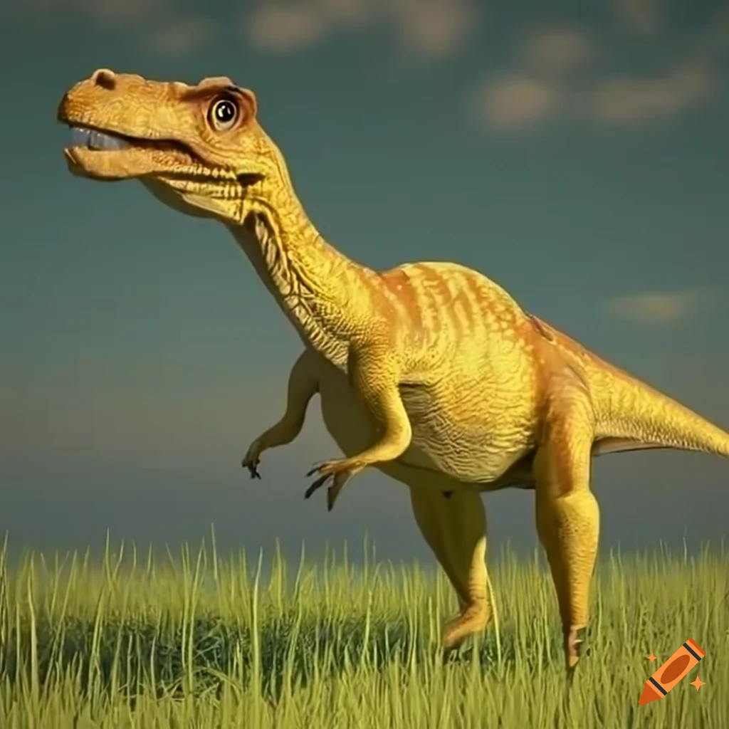 sunny grass hiding a large yellow spinosaurus