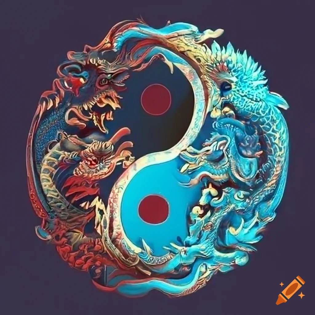 Yin yang symbol with red and blue dragons on Craiyon