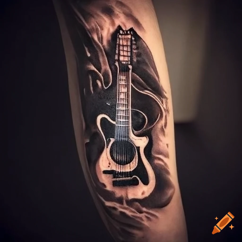 Premium Photo | Skull and guitar with roses tattoo design on black  background generative ai