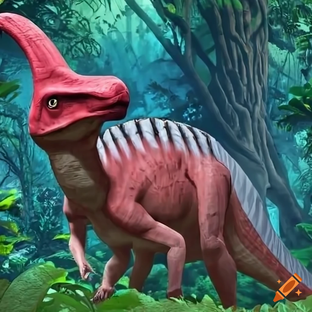 Image of a red parasaurolophus in a dense jungle on craiyon