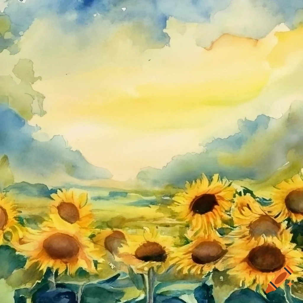 Watercolor of a sunflower-filled valley