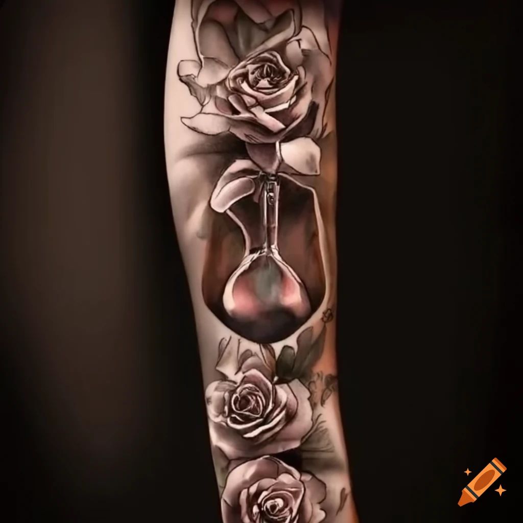 3 tier hourglass, mountain on top, explosion in middle, nature on bottom.  Long tattoo to fit on the forearm, masculine, minimalist, tattoo idea |  TattoosAI