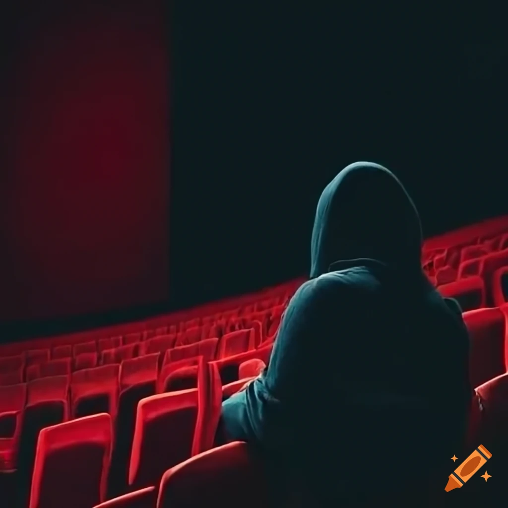 man in black hoody watching his dream trips in an empty cinema room
