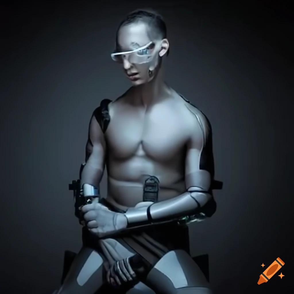 Sleek male cyborg offering massage services