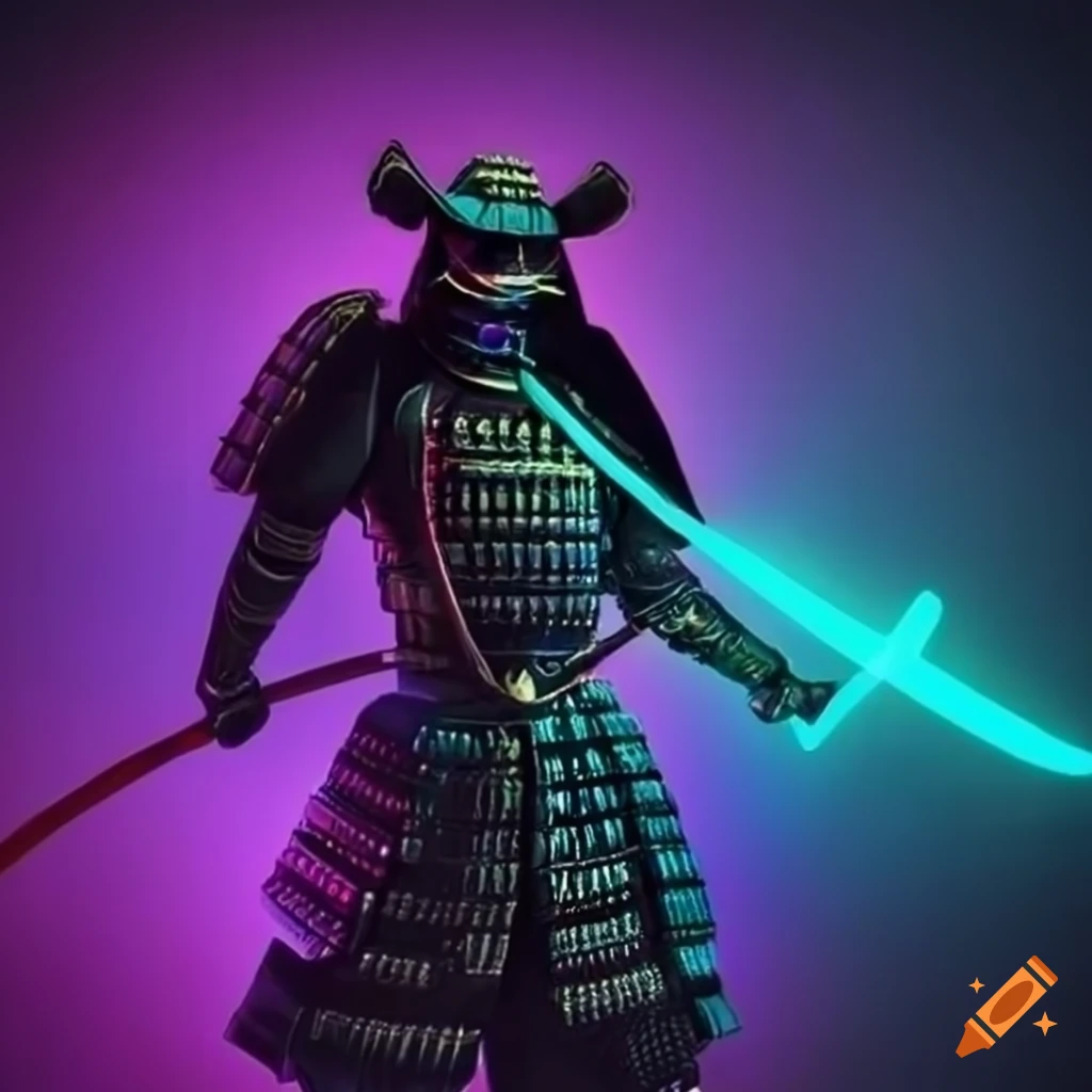 Dibujo de un samurai ciberpunk con dos espadas y máscara de neón on Craiyon