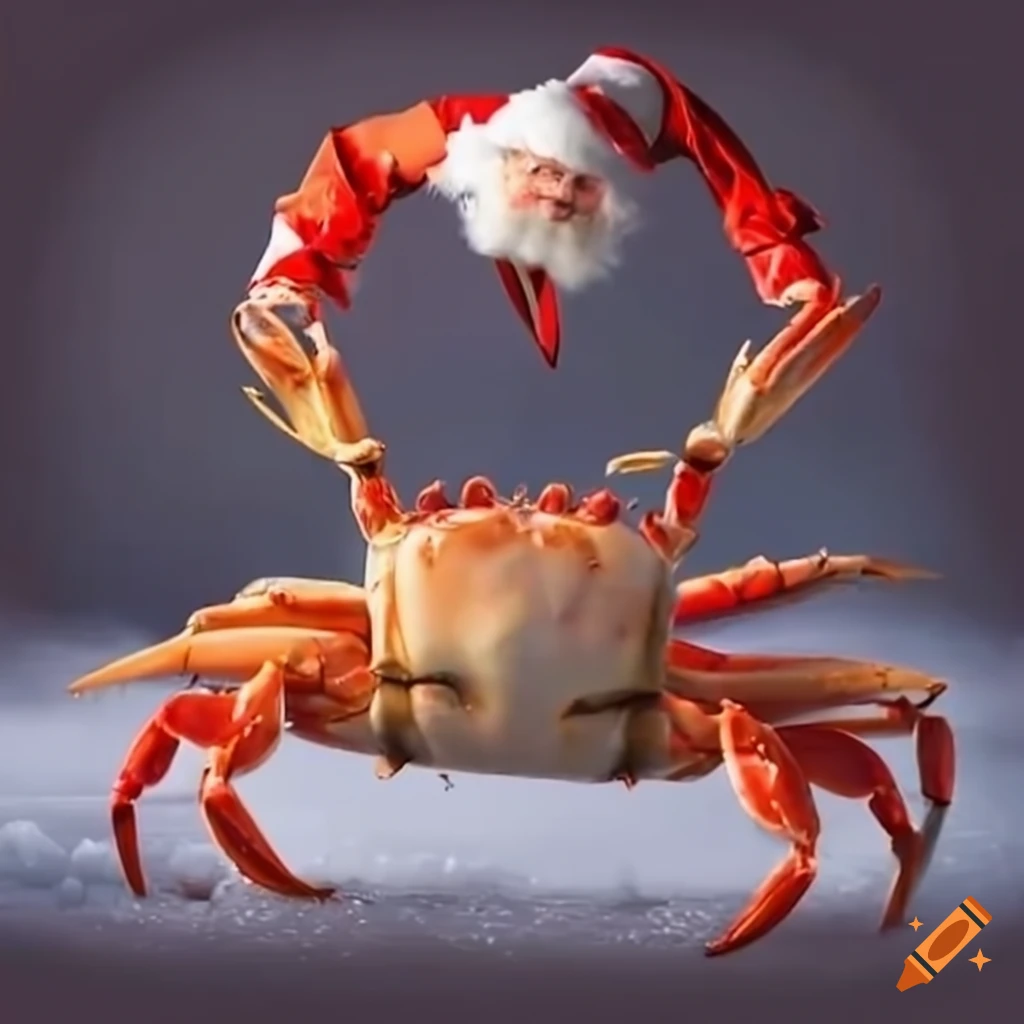 funny Santa Claus eating a giant flying snow crab