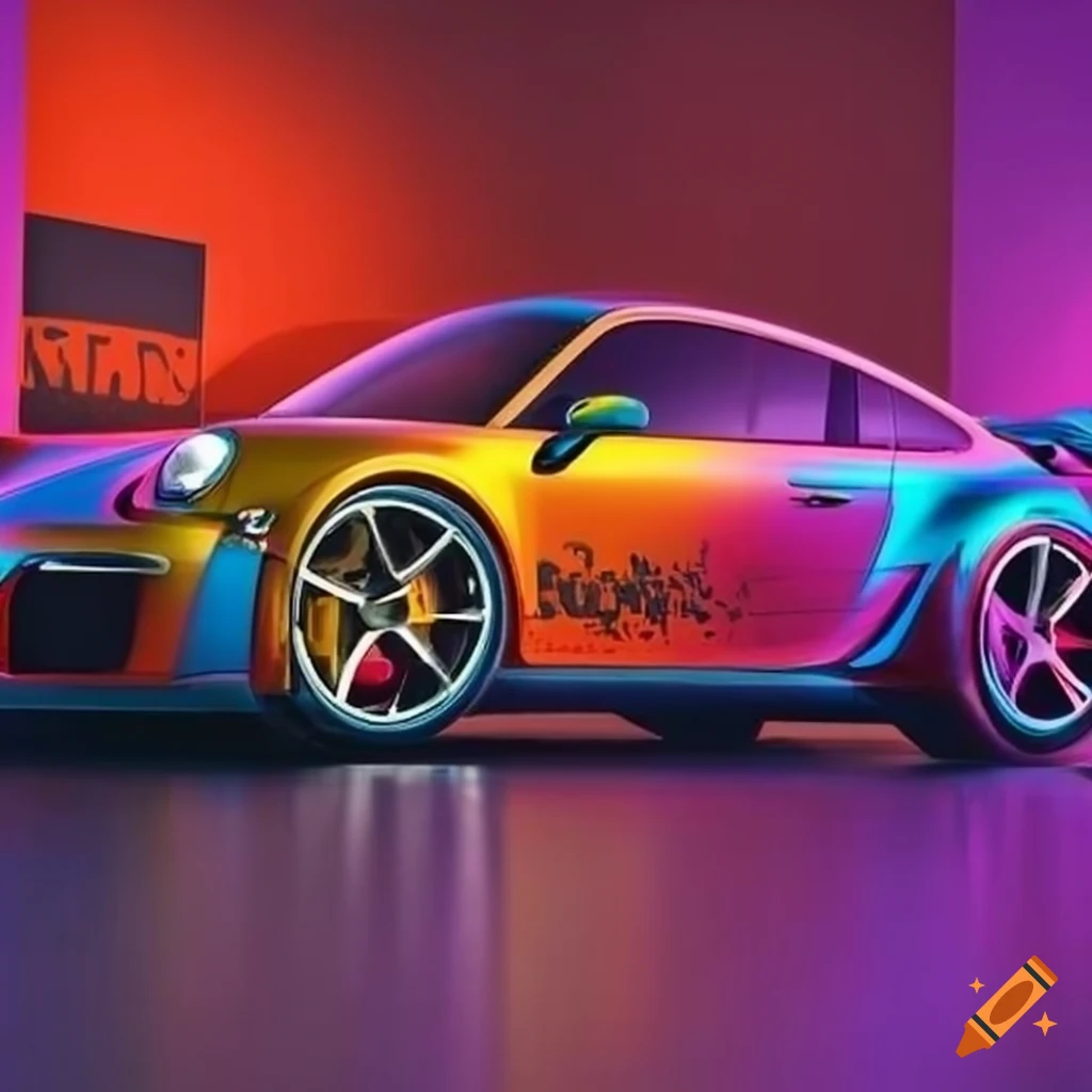 Porsche garage with manga-inspired art