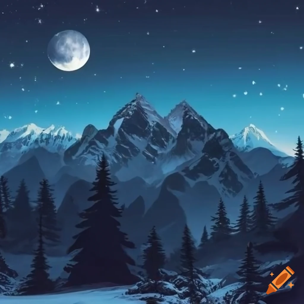 nighttime mountain landscape with snowy peaks and moonlight