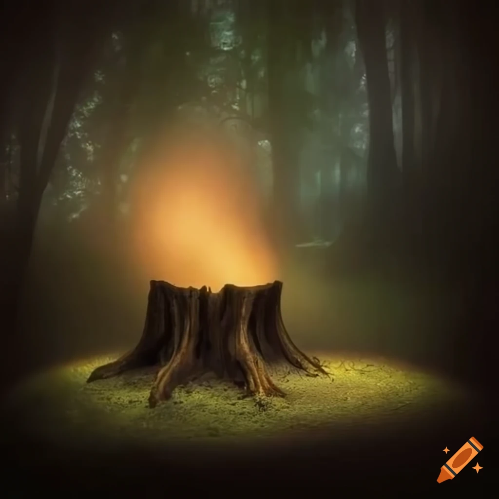 Mystical underground garden at night with misty stump
