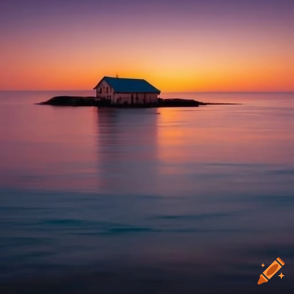 Sunset over a small country house by the sea