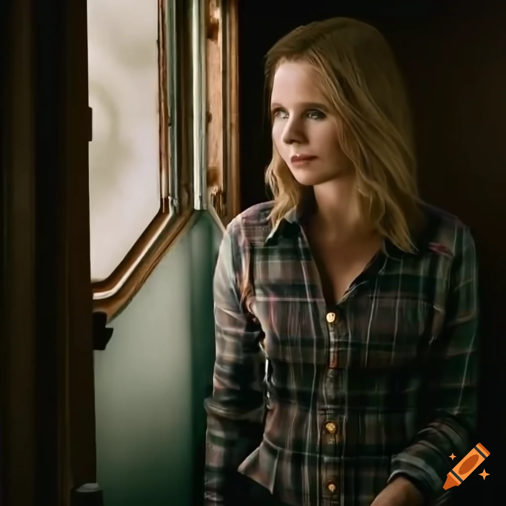 actress with messy hair and plaid shirt standing in doorway
