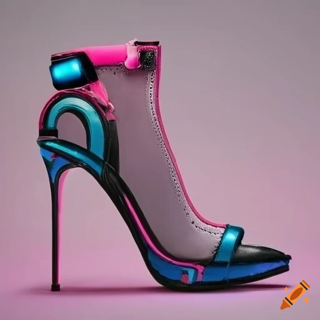 Cyberpunk high heel shoes in pink, grey, black, and blue