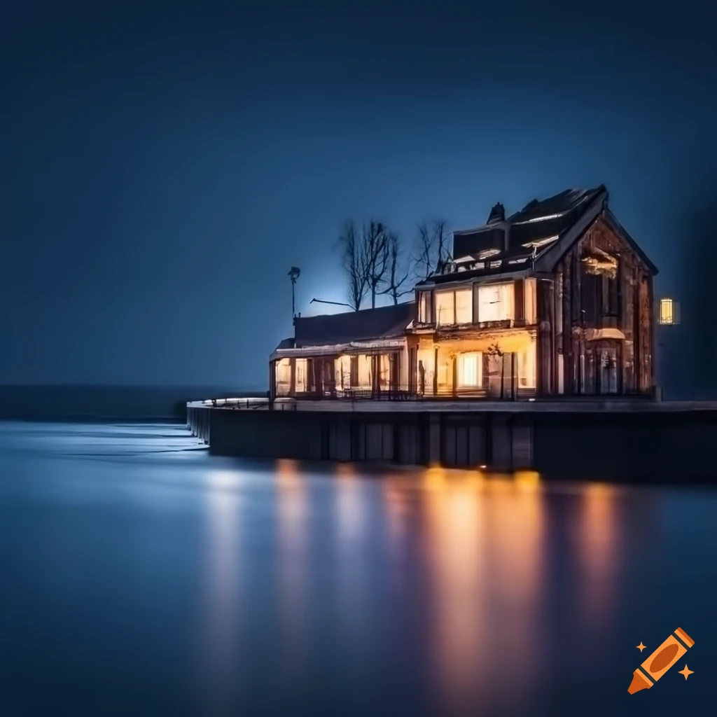 night view of an industrial-style house overlooking the ocean