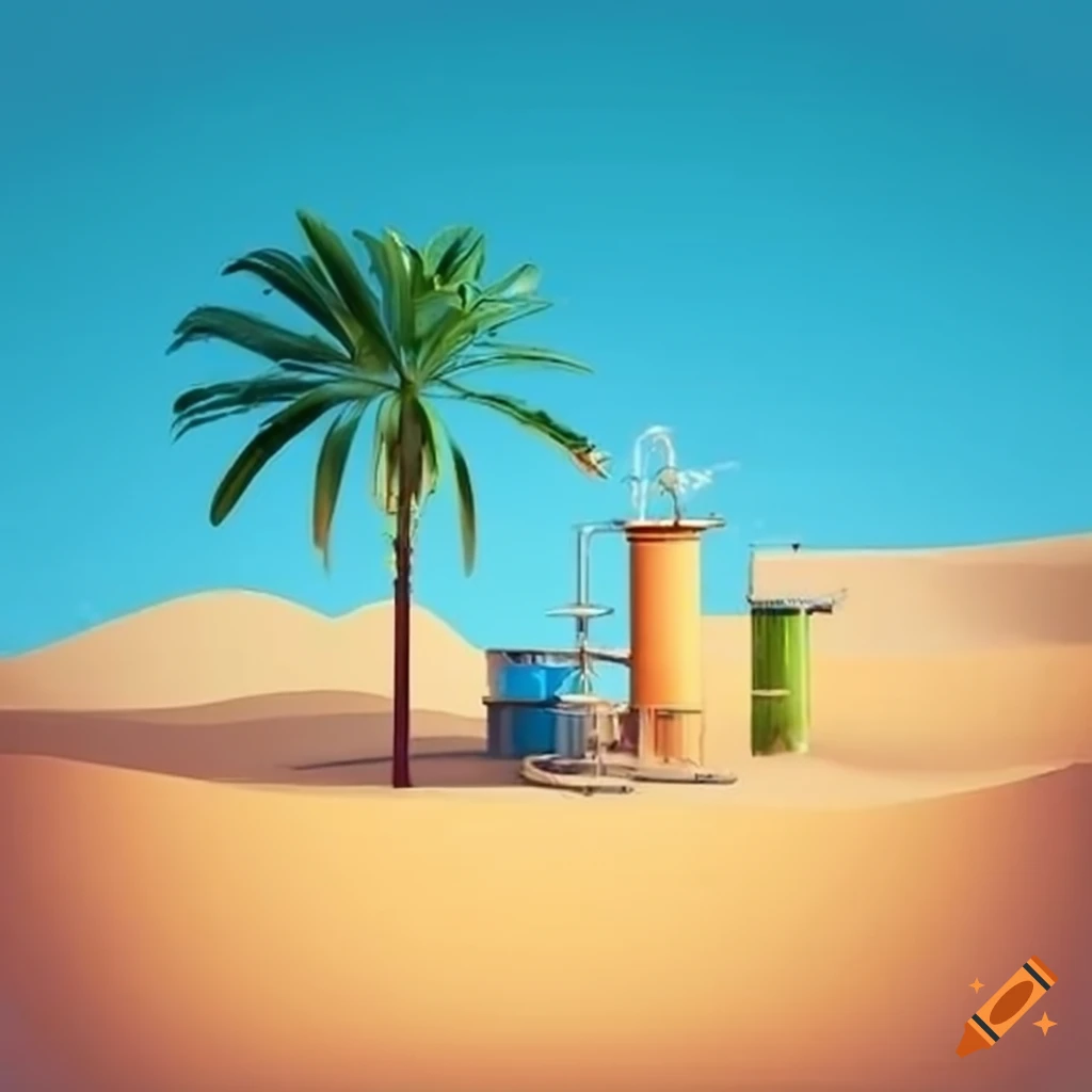 desert water purification plant with oasis in the background