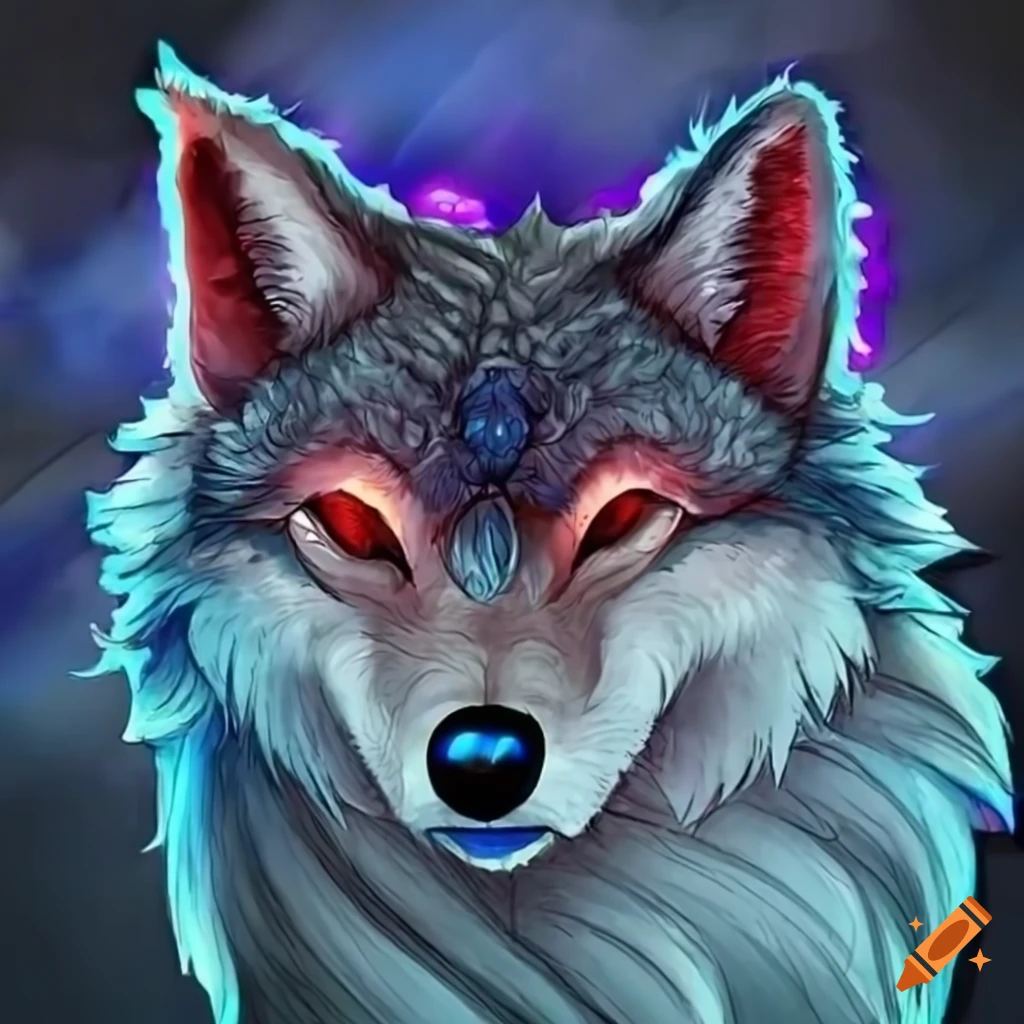 Anime wolf with red eyes and blue tongue on Craiyon