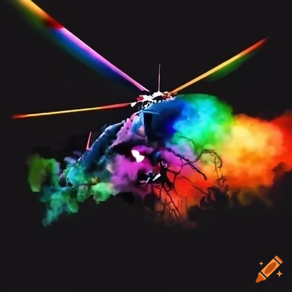 Rainbow attack helicopter firing missiles on Craiyon