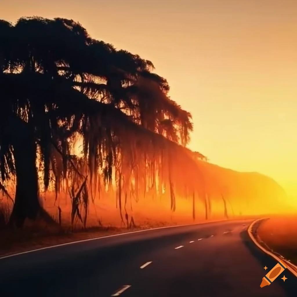 Scenic road lined with spanish mosscovered trees at sunset on Craiyon