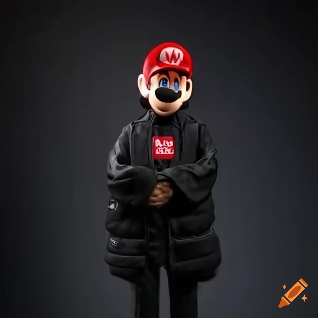 Sad Mario wearing a black Supreme jacket