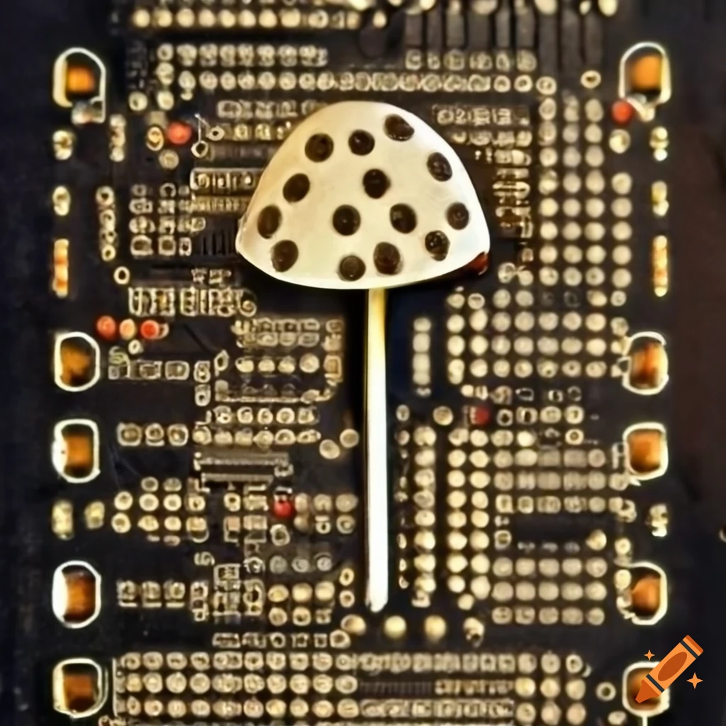 Circuit board made from a fungi network with a black background on Craiyon