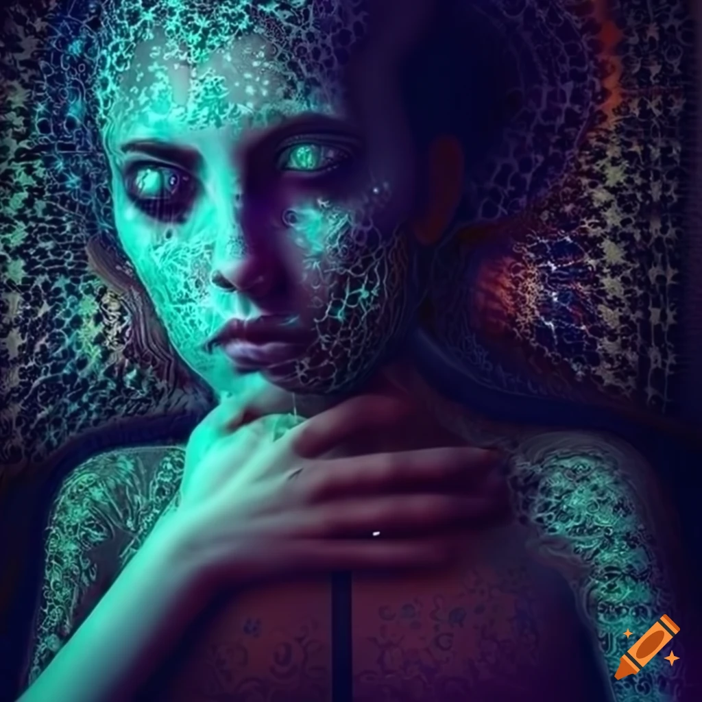Surreal artwork of a woman and fractal patterns on Craiyon