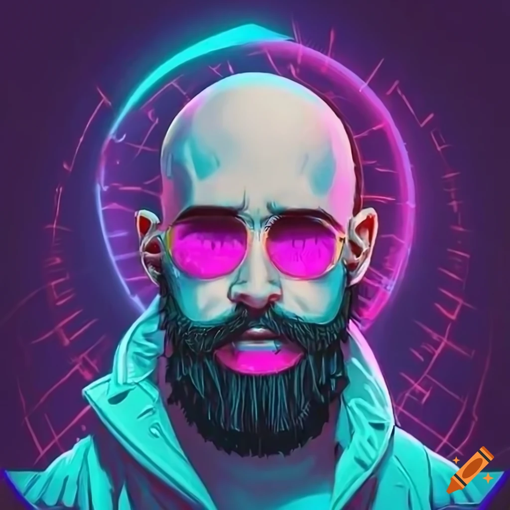Synthwave artwork of a cool bearded man on Craiyon