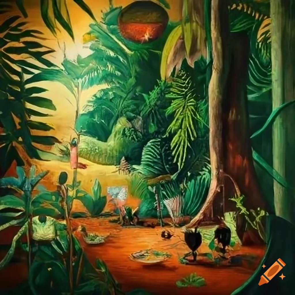 Surreal jungle painting inspired by douanier rousseau and roberto matta
