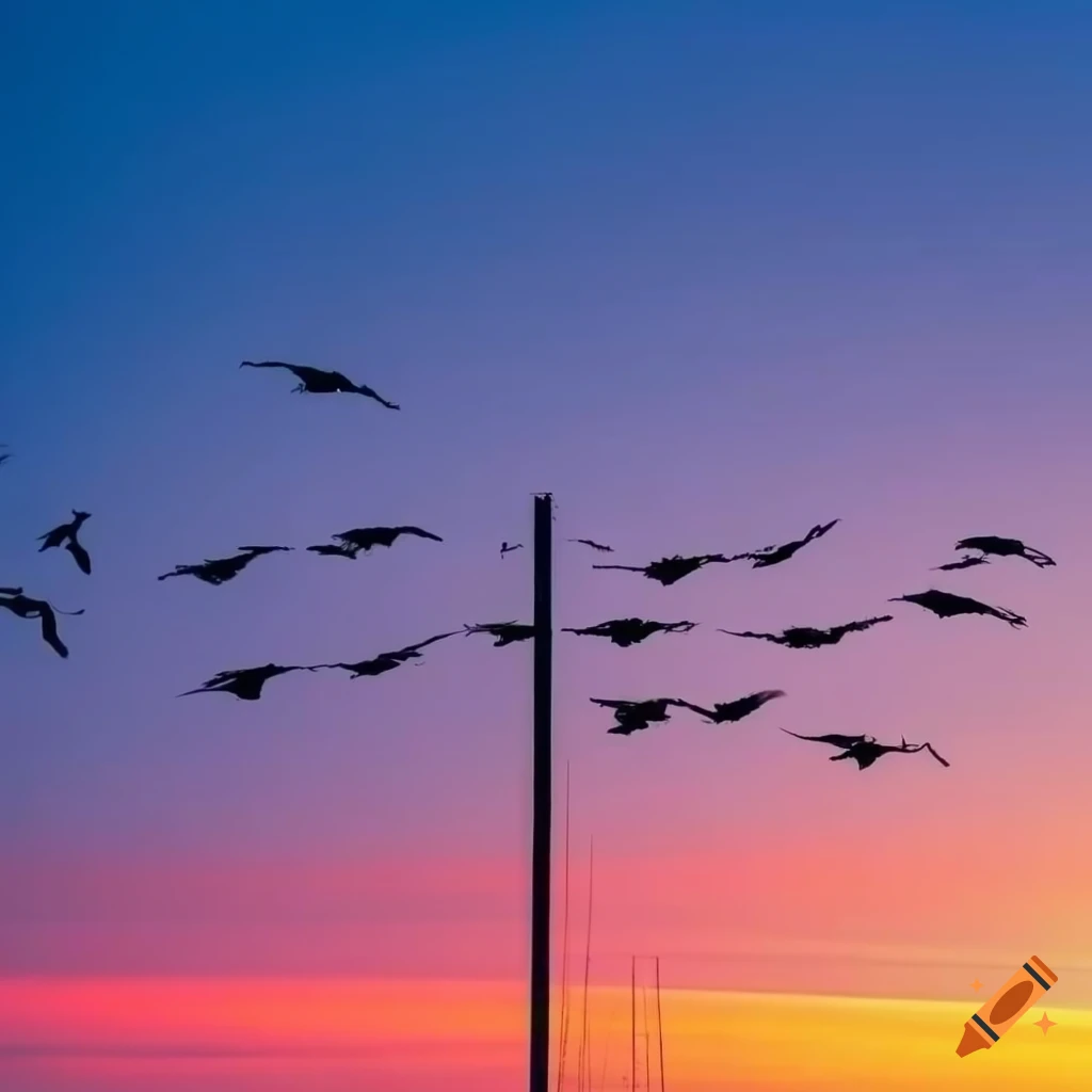 Sunset With Birds Perched On Power Lines On Craiyon