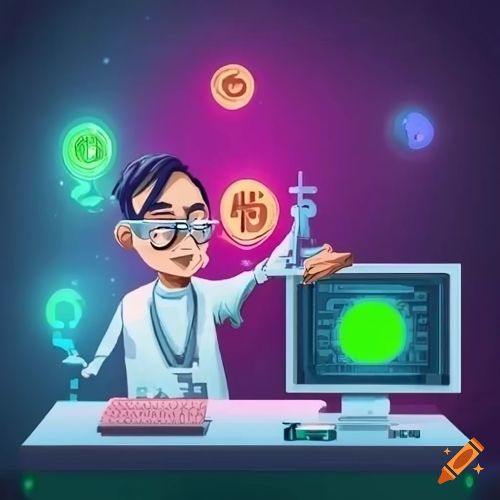 cartoon image of Satoshi Nakamoto in a crypto lab