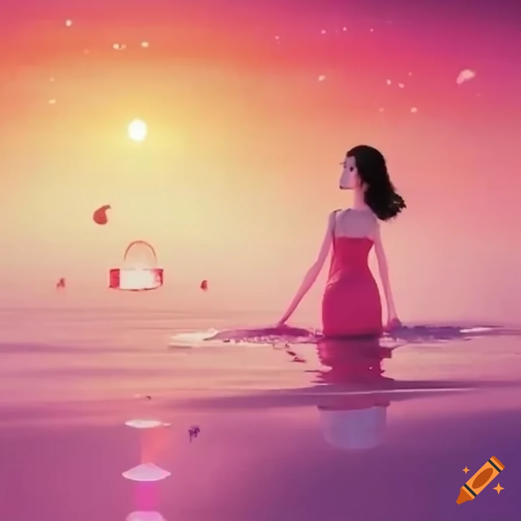 girl walking on a shining path in a pink sunset surrounded by Probi beauty bottles