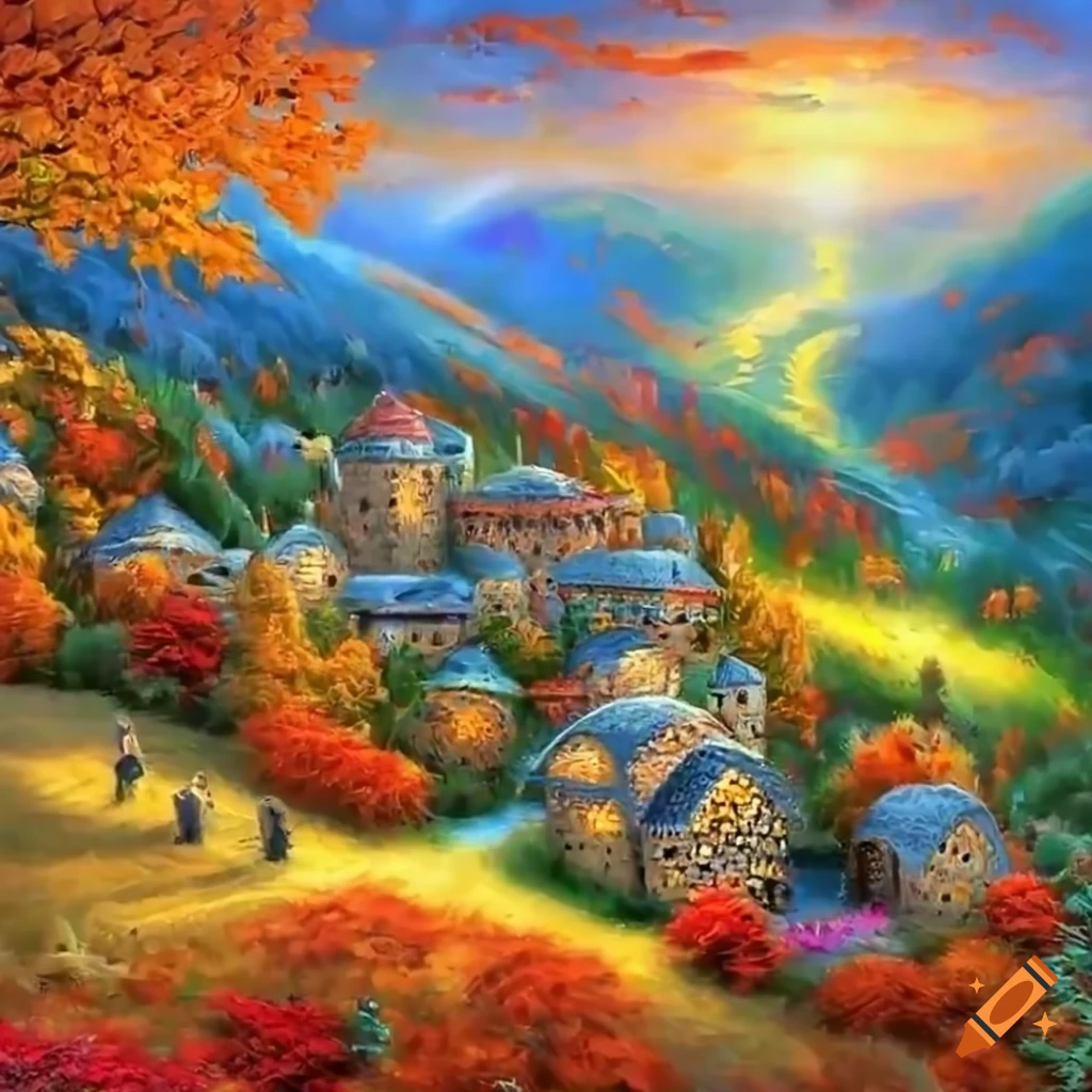 Thomas kinkade painting of a byzantine style village in an autumn