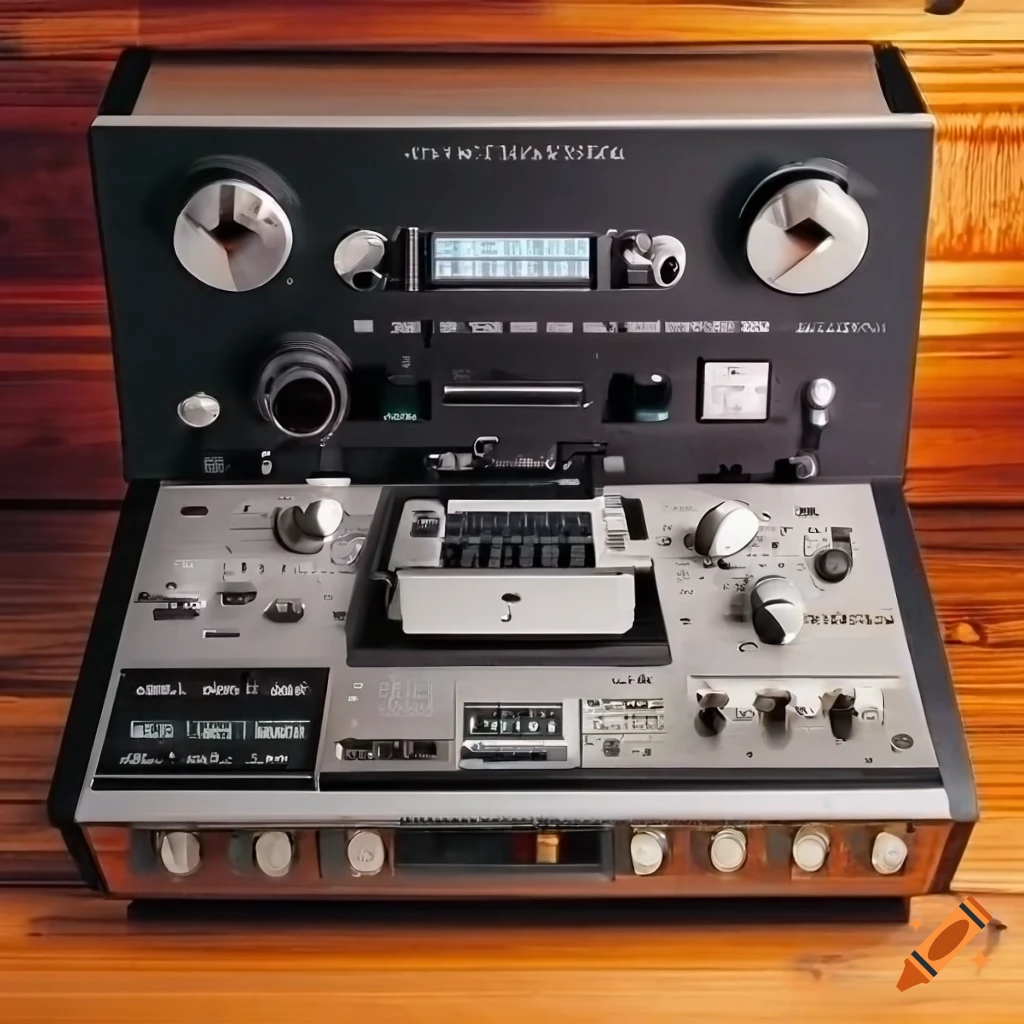 Detailed image of a vintage reel-to-reel magnetic tape recorder on Craiyon