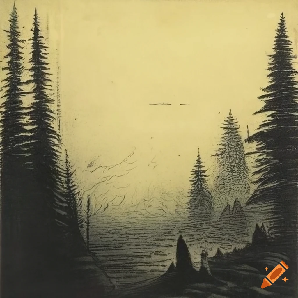 Black and white acid etching landscape artwork on Craiyon