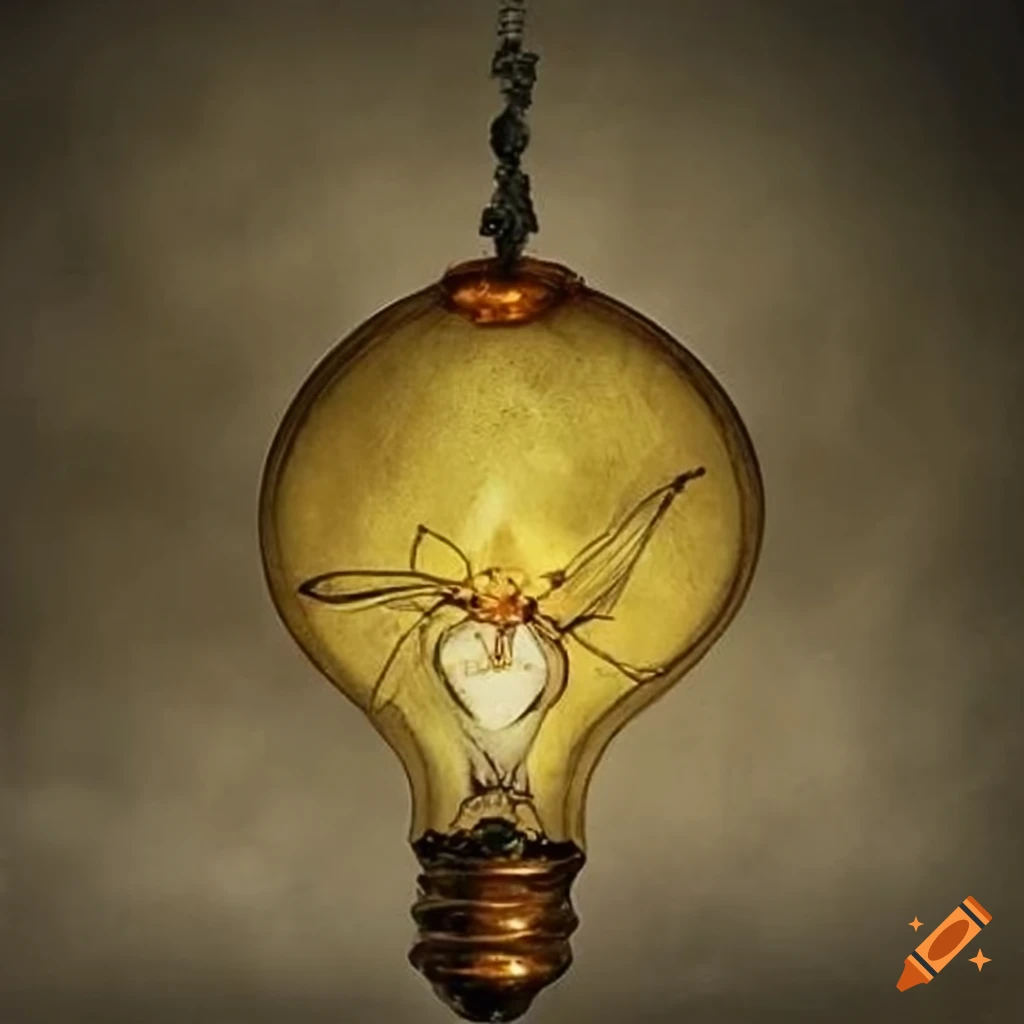 rococo artwork of a dragonfly in amber lightbulb