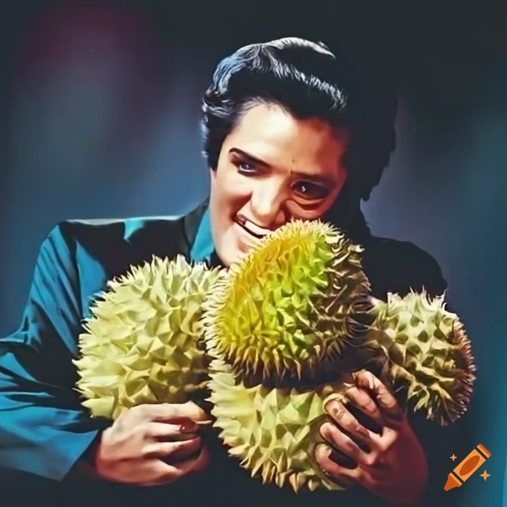 Elvis presley smiling and hugging a durian fruit on Craiyon