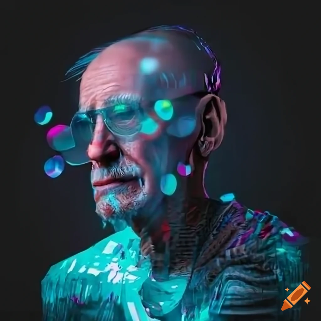 glitchy artwork of a skinny old man in transparent streetwear