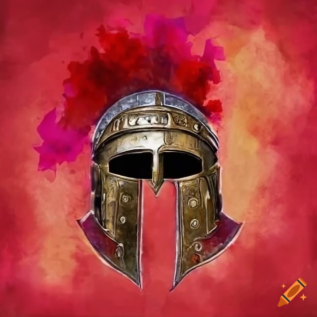 red background with letter X designs and Roman centurion's helmet overlay