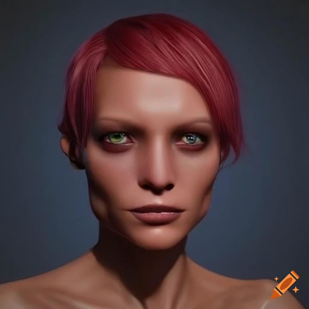 Portrait of a maroon-haired humanoid alien woman on Craiyon