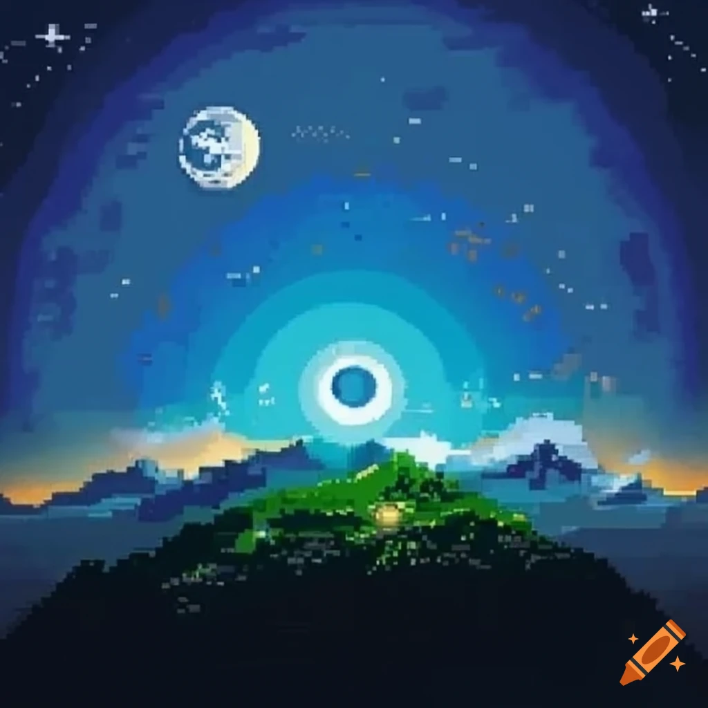 Pixel art of sun, moon, and stars from earth