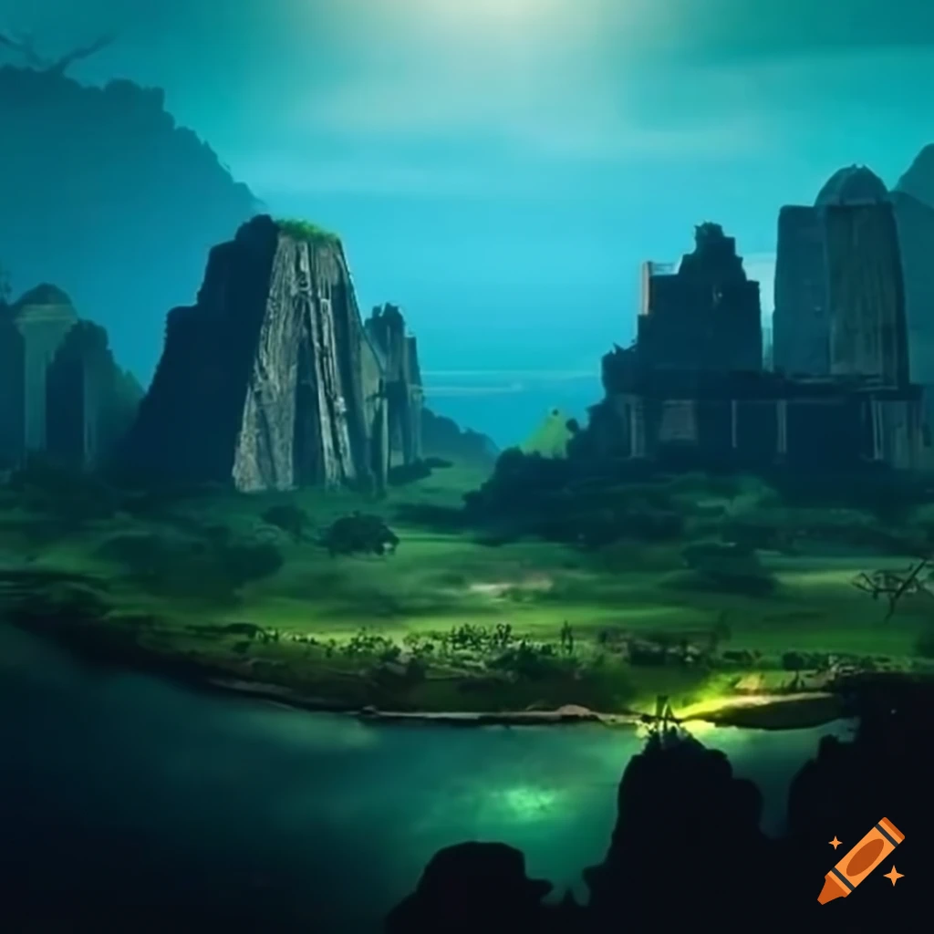 tropical island with city ruins and tribal village