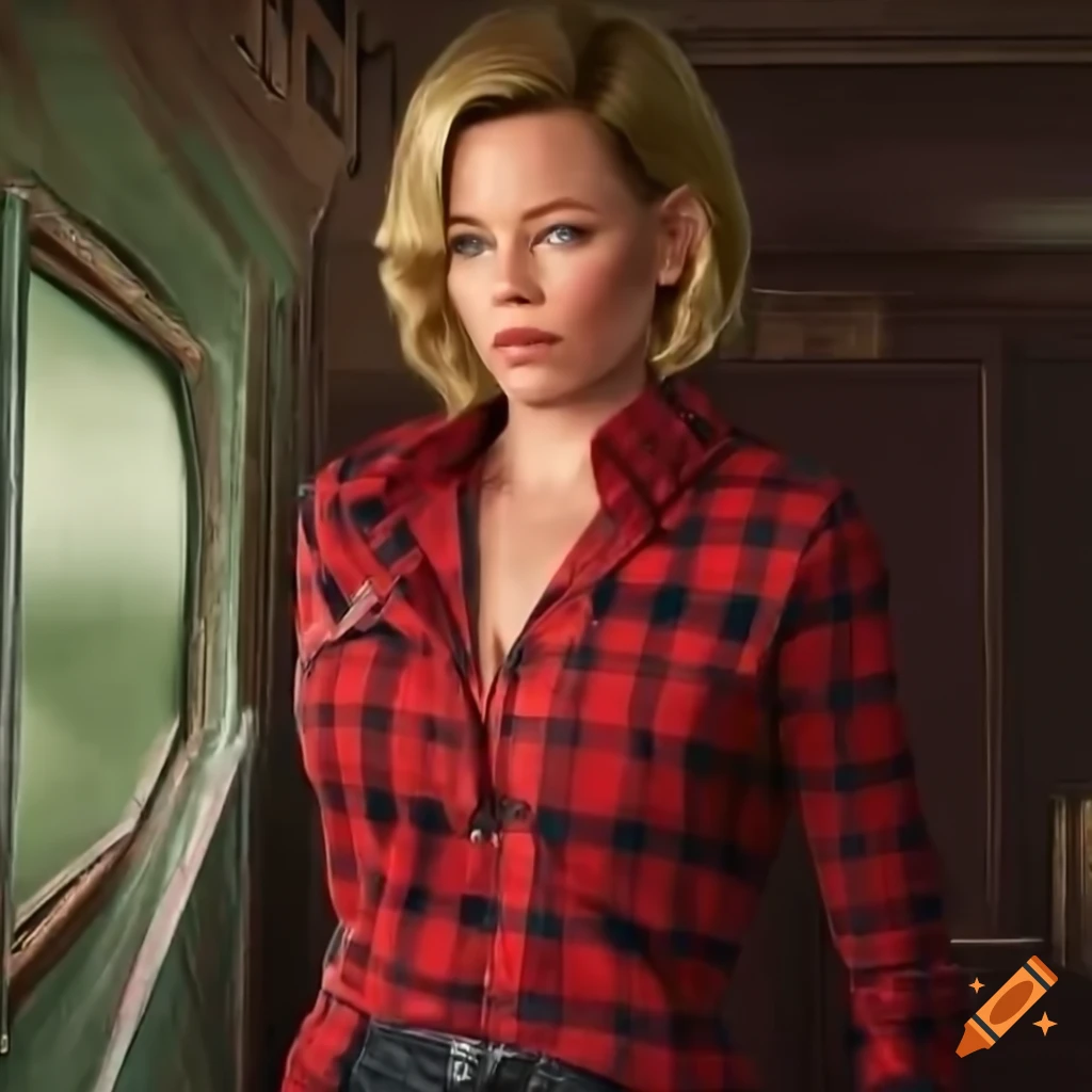 picture of a young woman in a red plaid shirt and high waist black leather trousers